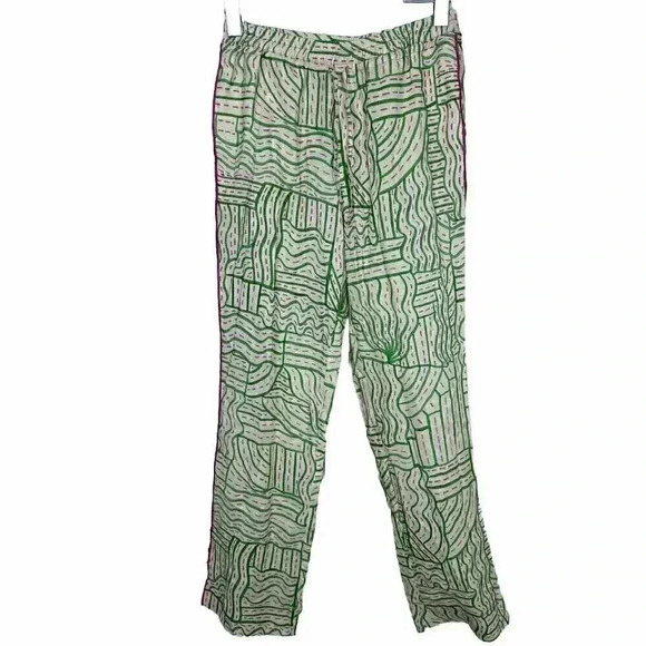 Zara Womens Pajama Pants Linen Blend Small S Ecru Pink Green Printed - Picture 1 of 7